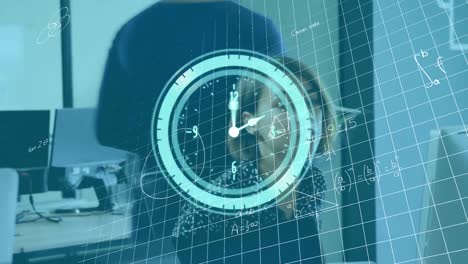 animation of clock and mathematical formulas over businesswoman using computer