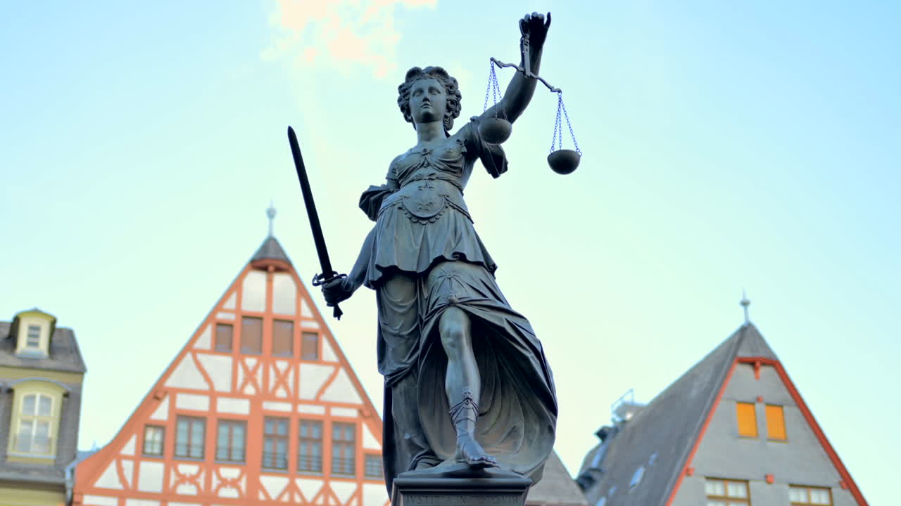 The Fountain of Justice in Romerberg historical market square in Frankfurt, Germany