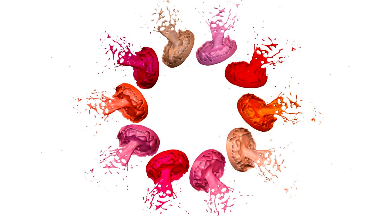 las pinturas bailan con la desaceleración del tiempo en fondo blanco. simulación de salpicaduras 3d de tinta en un altavoz musical que reproduce música. salpicadures como un fondo brillante en ultra alta calidad 4k. tonos de rojo 8