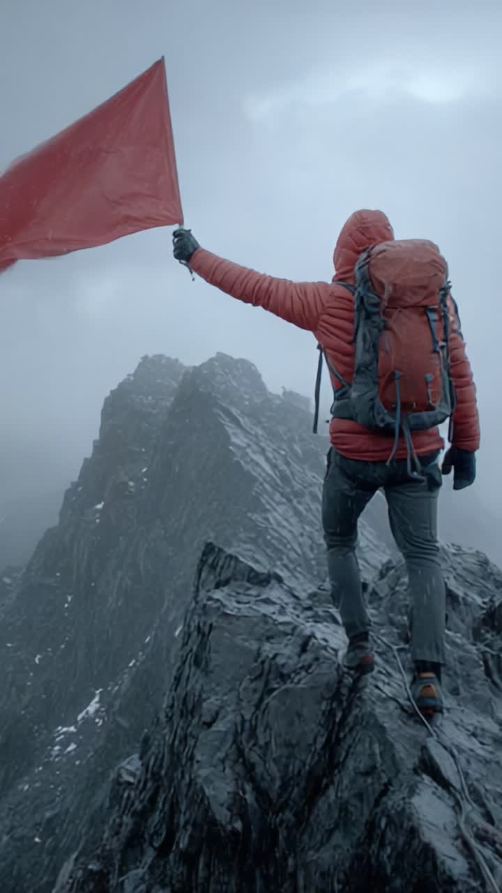En eventyrlysten klatrer triumferer på toppen og vifter stolt med et rødt flagg mot en dramatisk fjellbakgrunn, og omfavner utforskning og prestasjon.