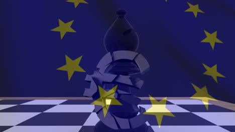 bandera de la ue ondeando contra el símbolo de la moneda euro roto en el tablero de ajedrez