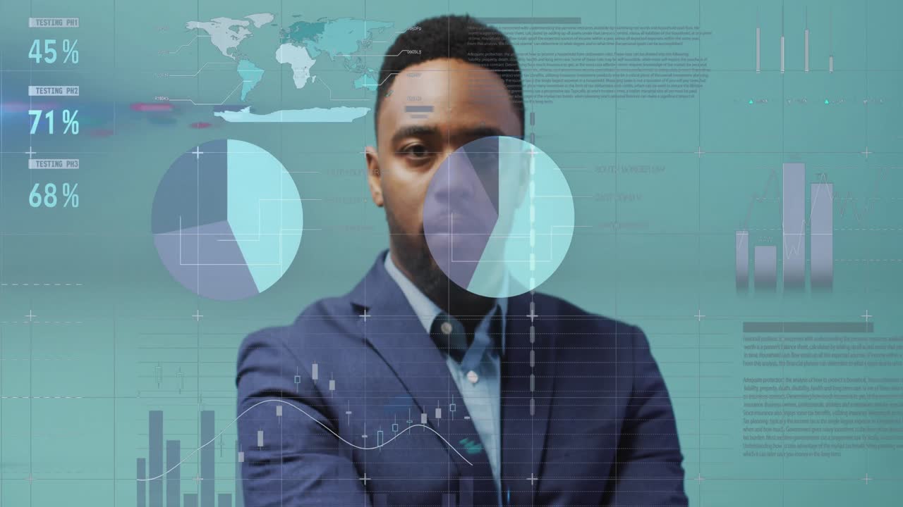 Animation of data processing over biracial businessman working in office