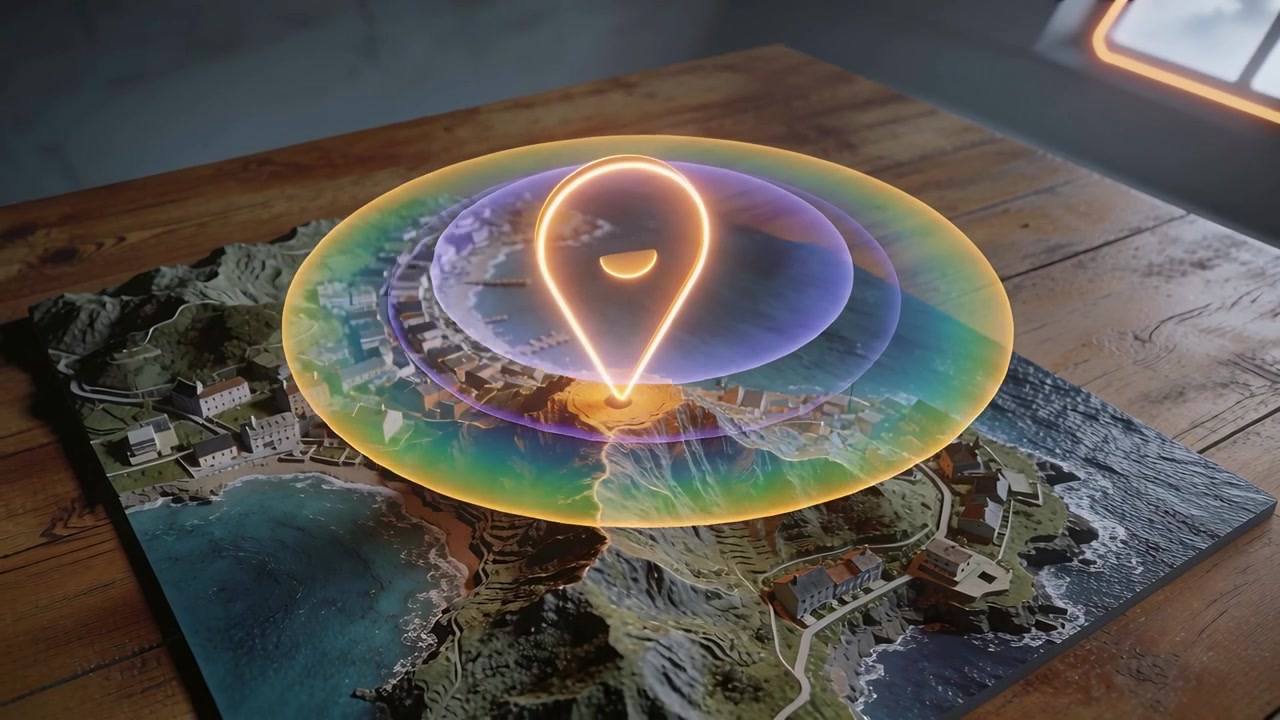 Materializing neon pin at peak sending wide rings into glowing dome marking model at studio table