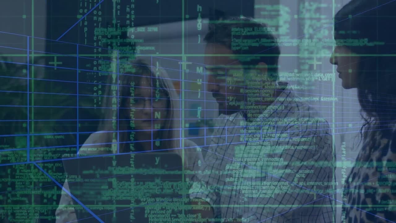 Animation of coding and moving lines over caucasian colleagues working over laptop in office