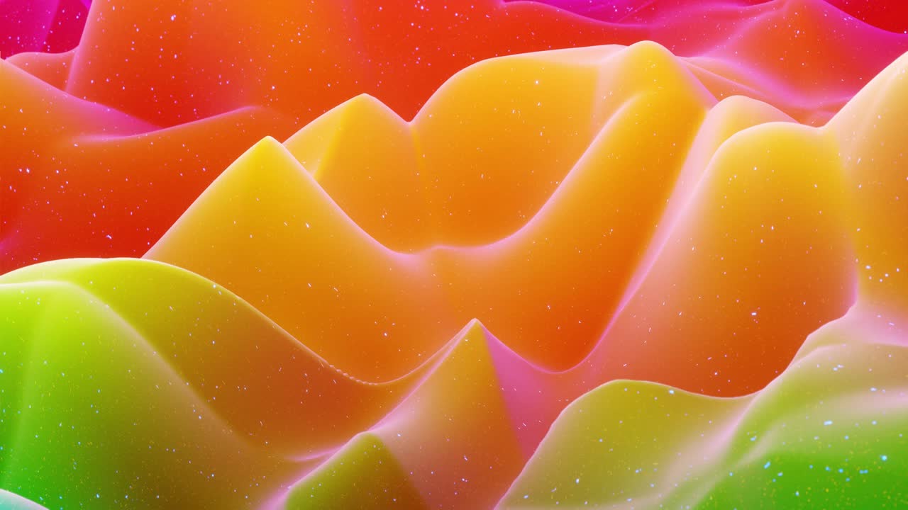 hermosa superficie abstracta 3d con chispas de brillo, ondas extrudidas o desplazadas se transforman en bucle. gradiente de color rojo amarillo, material mate suave como la dulzura de morfología con un brillo interno ligero.