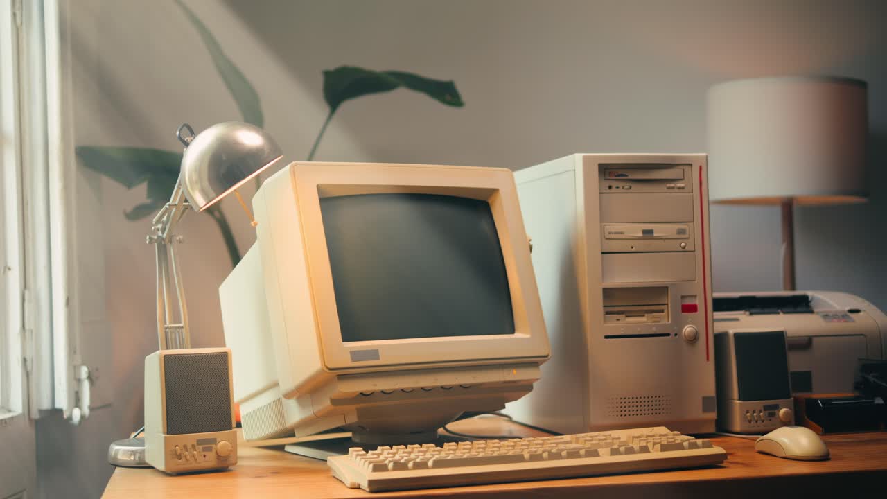 Retro pc computer gaming, Desktop vintage with loading code console, programmer making scripts, green basic screen, Old computer studio close-up, retro wave display, late 90s PC.