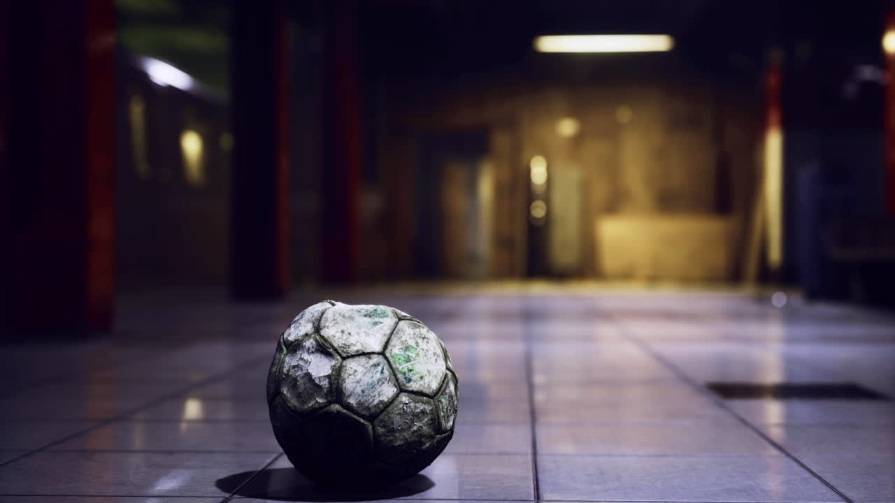 Forgotten soccer ball rests on subway station floor at night