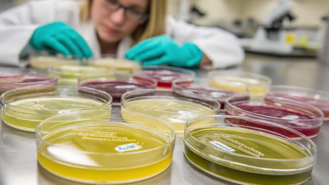 Scientist Analyzing Colorful Petri Dishes in a Laboratory Setting to Examine Microbial Growth and Conduct Biological Research