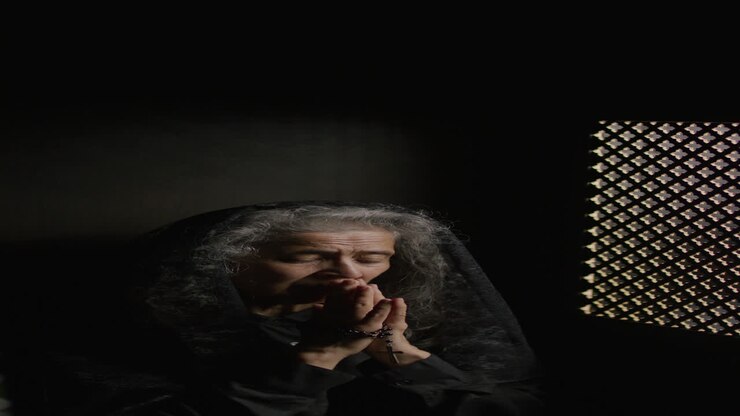 Donna anziana che prega con il rosario durante la confessione in una cabina scarsamente illuminata
