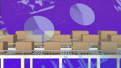 animation of financial data processing over cardboard boxes on conveyor belts