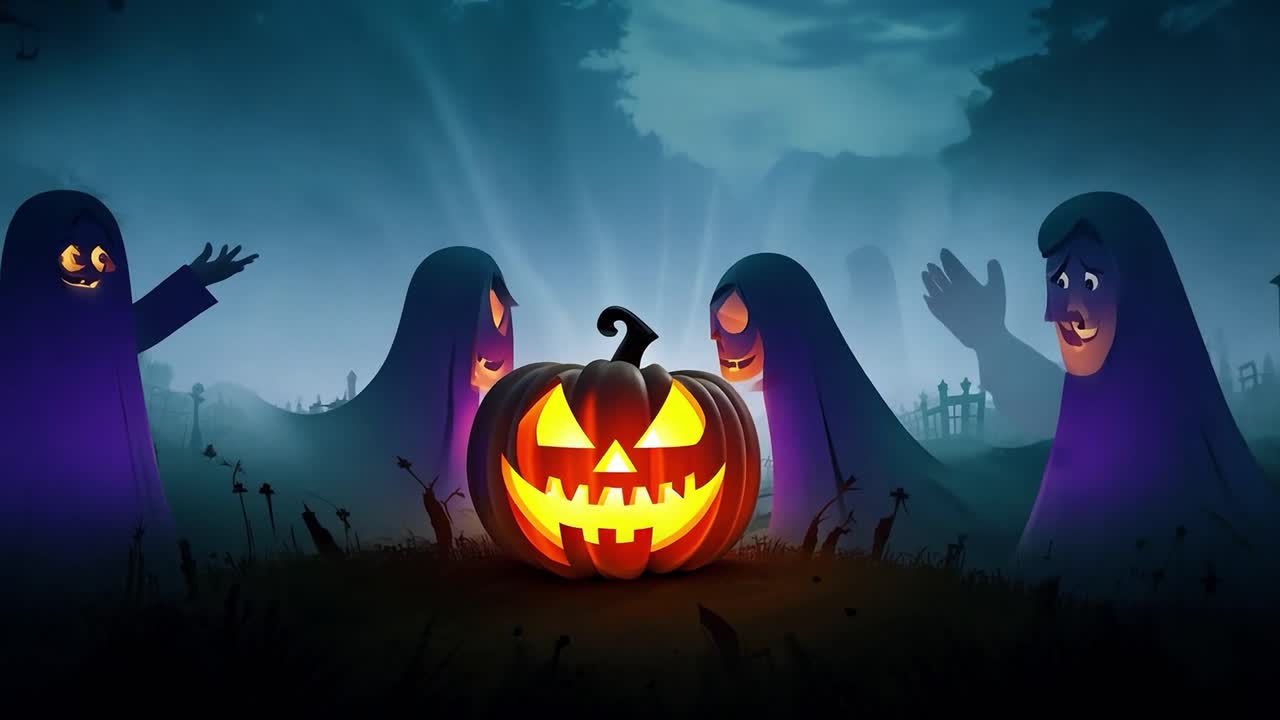 유령과 잭 오 랜턴이 있는 끔찍한 할로윈 장면