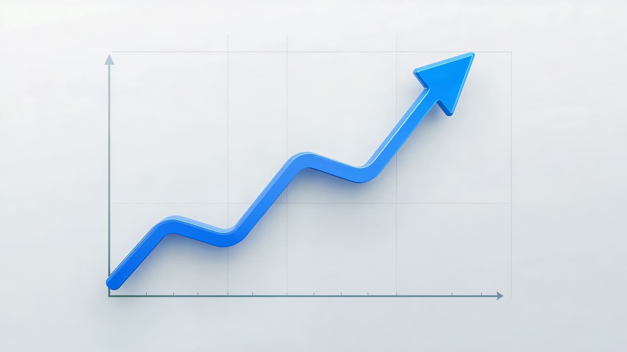 Advancing blue 3D zigzag arrow from origin, climbing grid axes tick marks, indicating rising trend