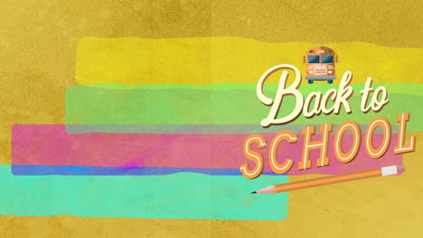 animation of back to school text with bus and pencil bus over pastel stripes, on yellow background