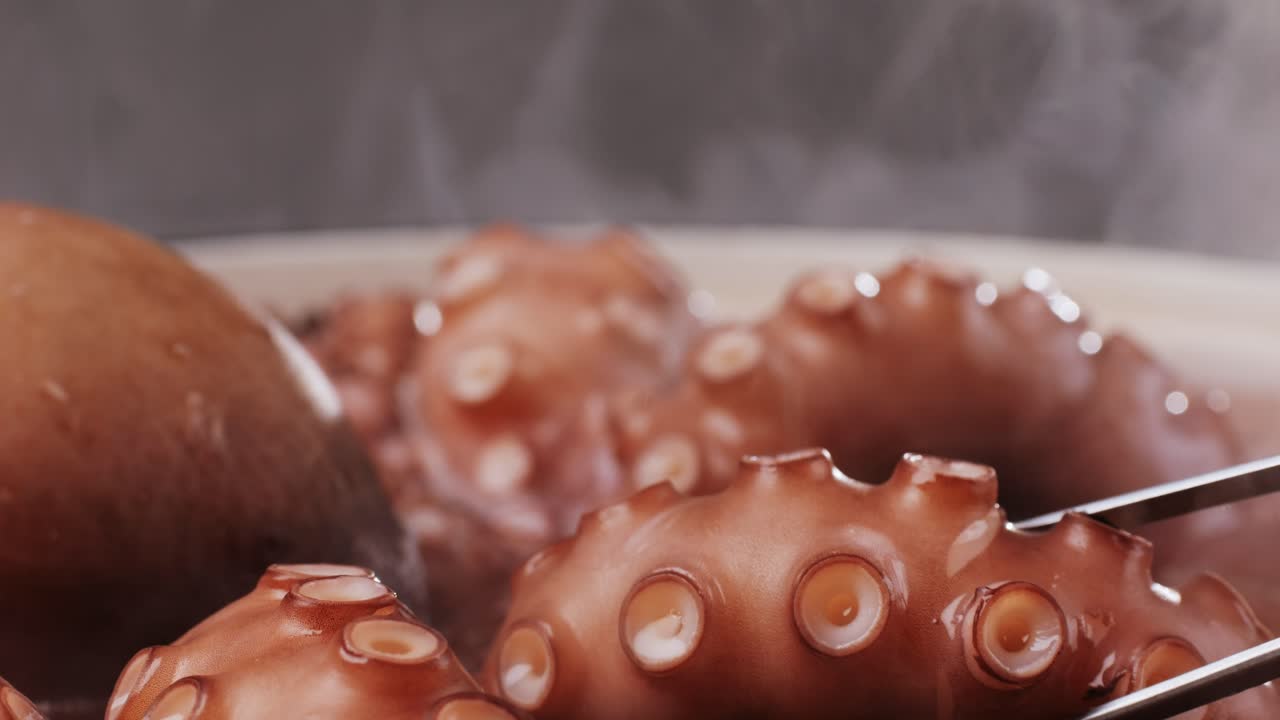 Octopus cooking, chef Boiling fresh octopus on restaurant kitchen, healthy food, seafood cafe in spain, traditional asian japanese spanish and mediterranean dish.