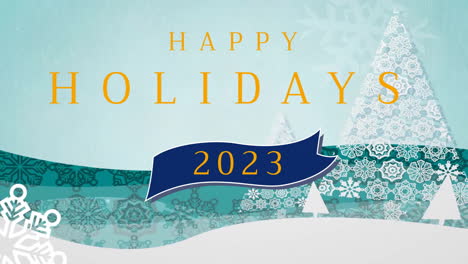 Animation-of-happy-holidays-text-and-snow-falling-over-christmas-trees-on-blue-background