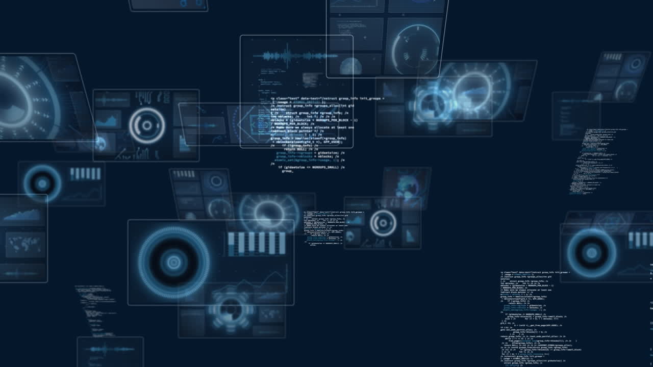 Animation of scopes and computer data processing over dark background