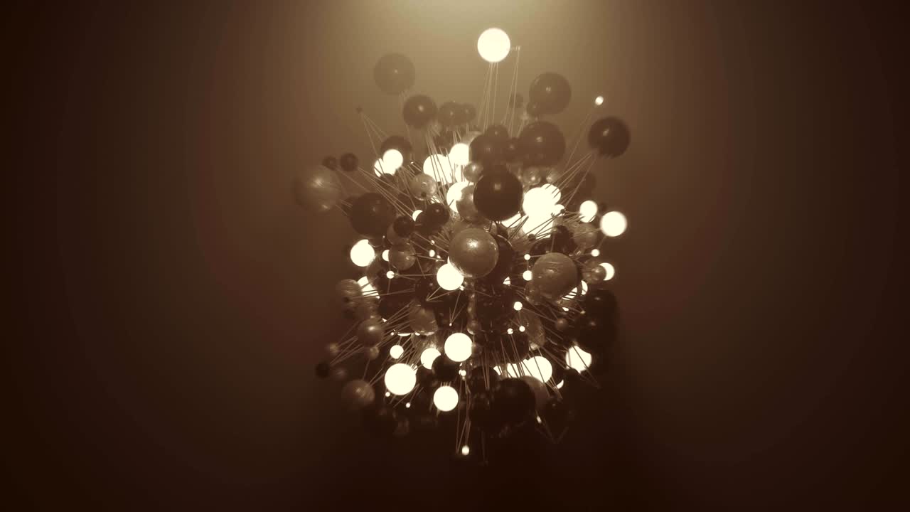금속과 조명 구를 특징으로 하는 현실적인 추상 애니메이션입니다.