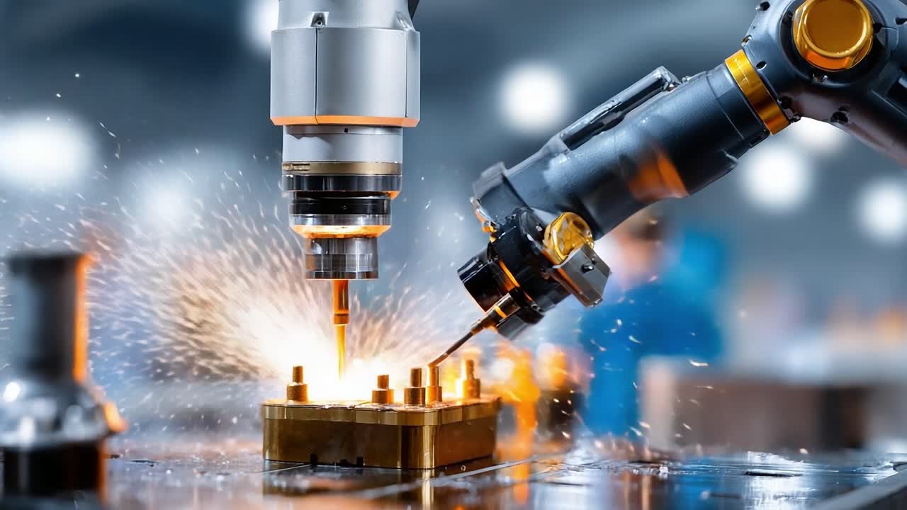 Advanced Robotic Arm Precision Machining: A Detailed Look at the High-Tech Process of Automated Metal Cutting and Shaping in Manufacturing Environments