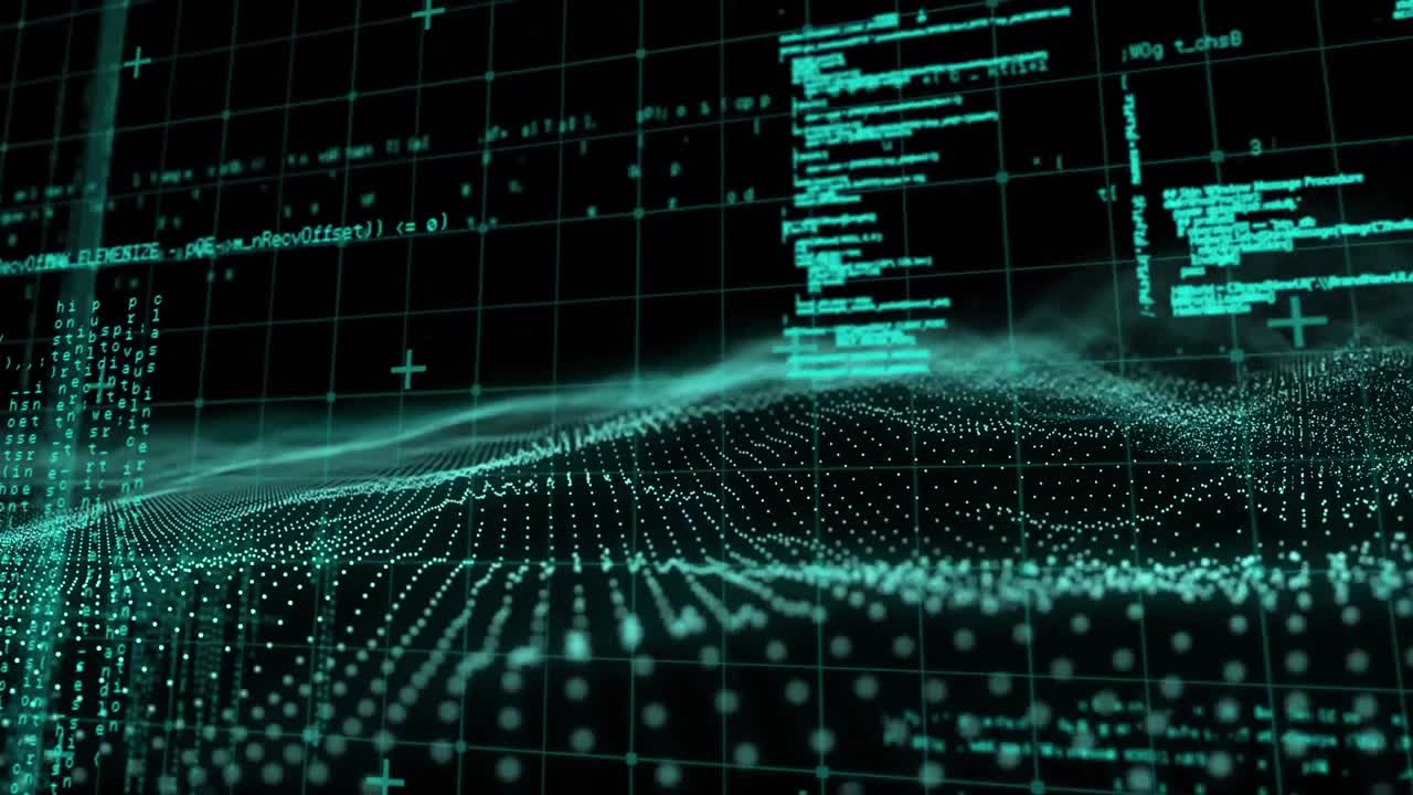 Animation of waving green mesh over data processing on green grid