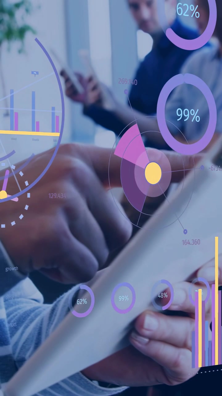 Vertical video: Hands holding tablet tapping and swiping, driving business analytics rings and bars