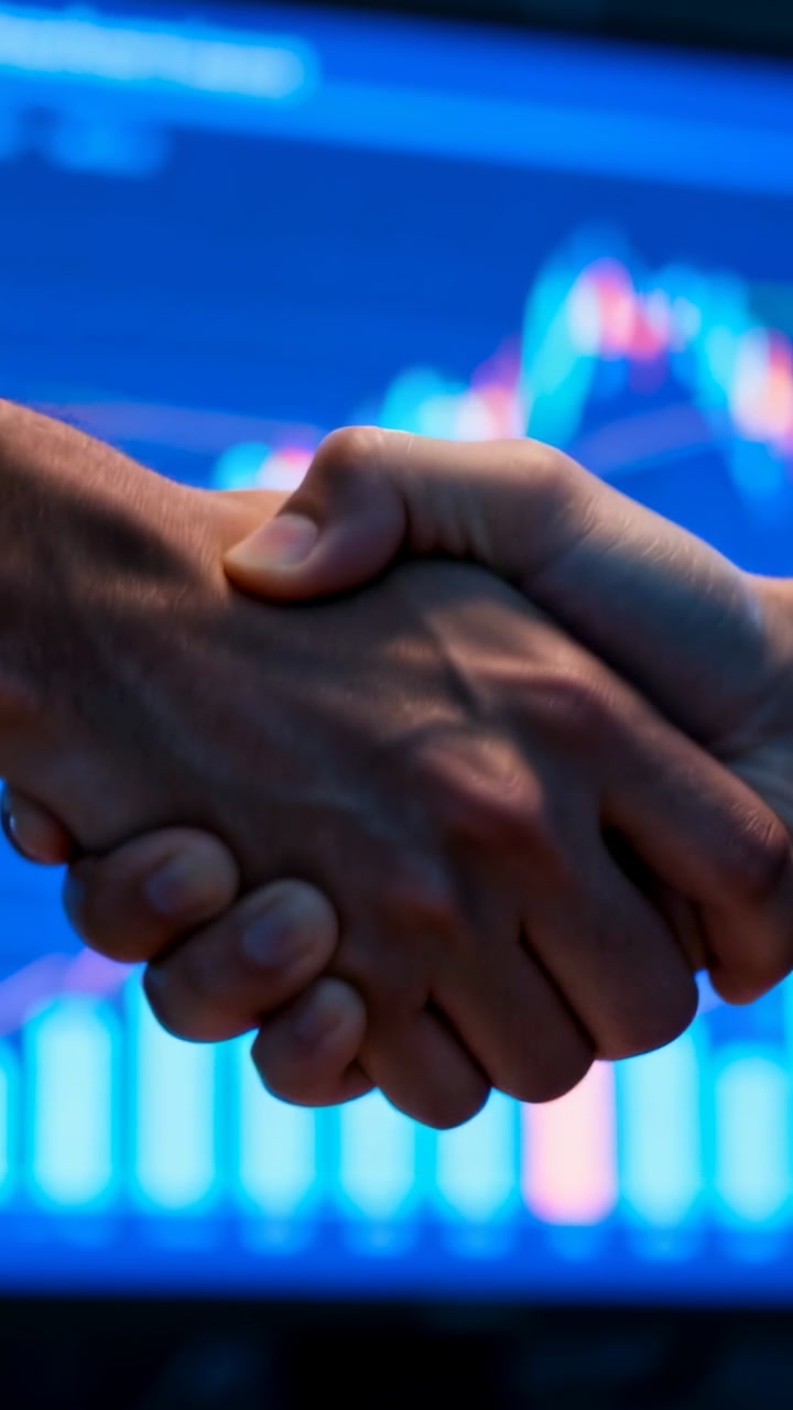 Vertical video: Shaking partners hands responding to market update in office, showing cuffs, charts