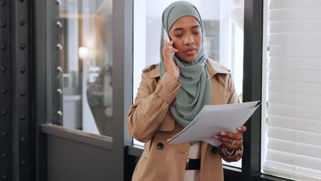 phone call, talking and muslim business woman