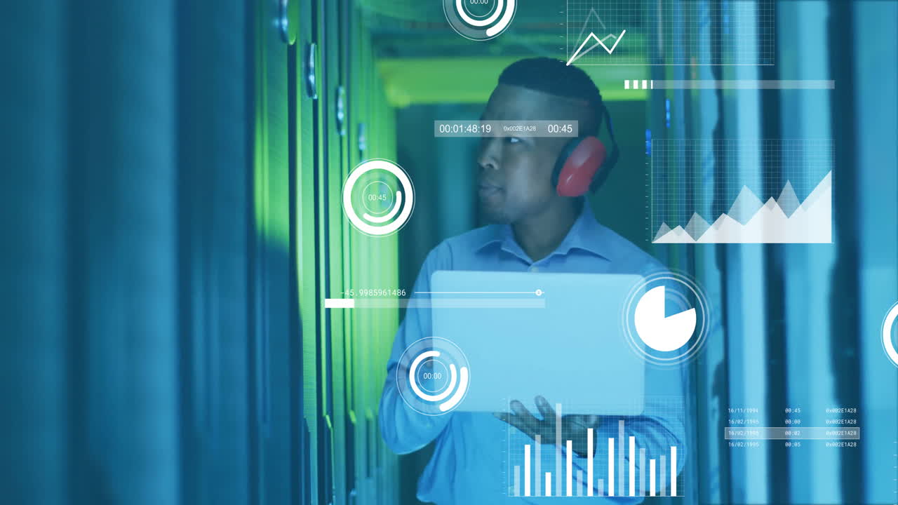 Animation of financial data processing over african american businessman working in server room