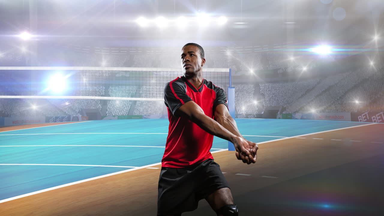 Animação de jogador de netball masculino sobre estádio esportivo e holofotes