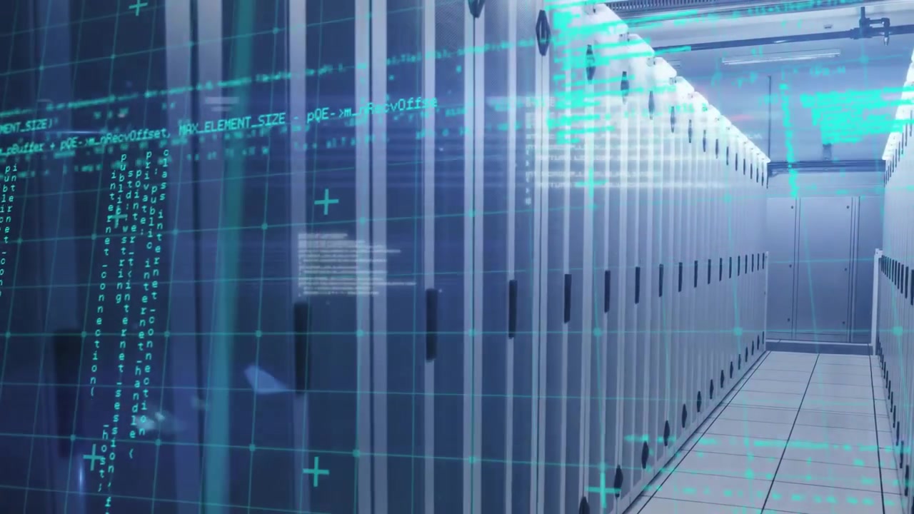 Faint turquoise grid materializing triggers code fragments scrolling racks showing diagnostic sweep