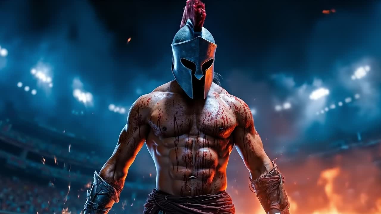 스파르타의 헬을 입은 남자가 군중 앞에 서 있다