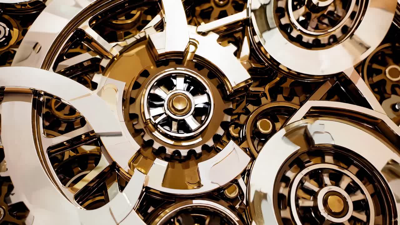 Close-up video of intricate, interlocking gears in motion, showcasing a steampunk aesthetic