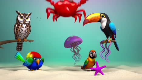 cute cartoon marine animals and birds