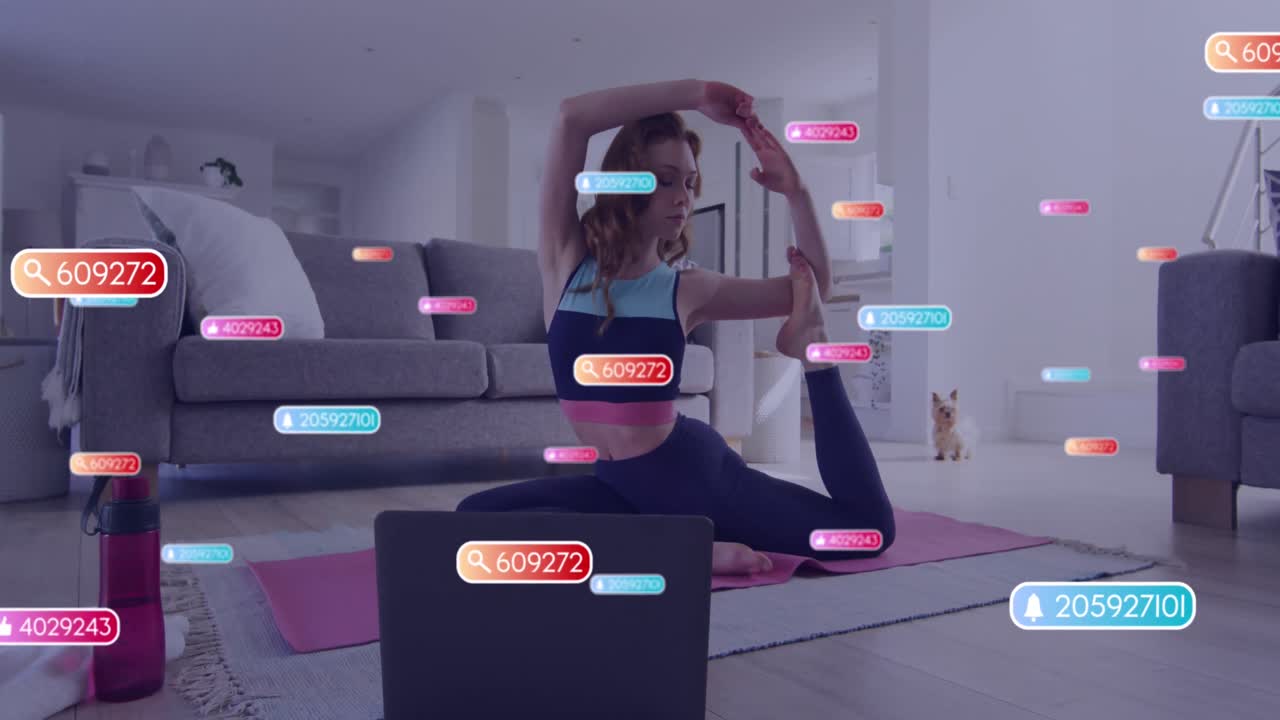 animación de iconos de los medios sobre una mujer caucásica haciendo ejercicio en casa.