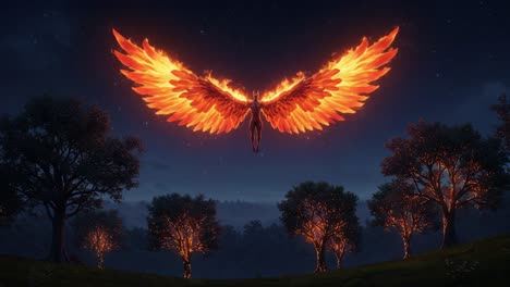 majestic phoenix soars: a radiant display of fiery wings illuminates the night sky, surrounded by glowing trees in an enchanted landscape