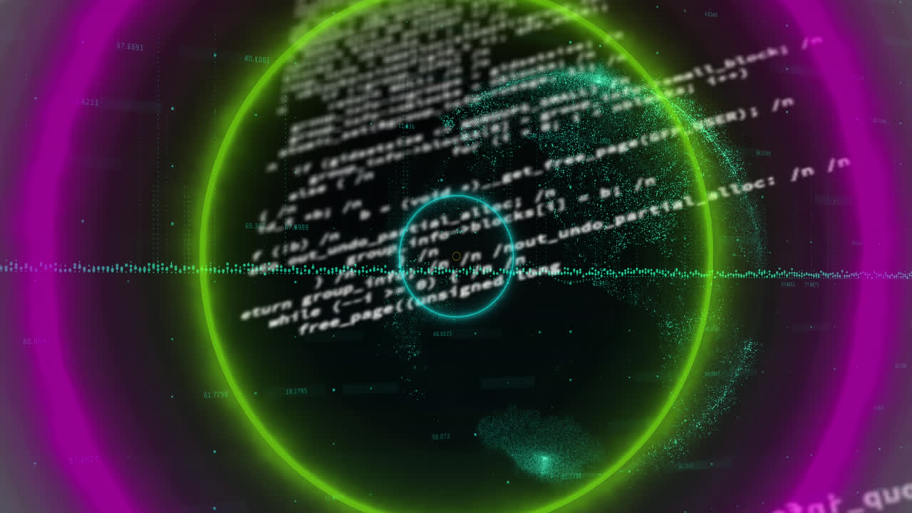 Animation of circular neon shapes in seamless pattern against data processing and globe