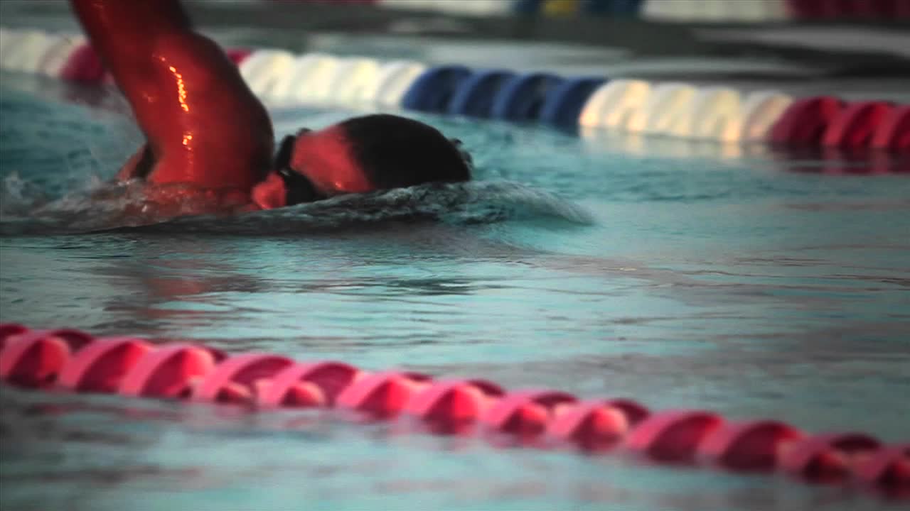 수영장 레인에서 수영하는 사람의 옆모습