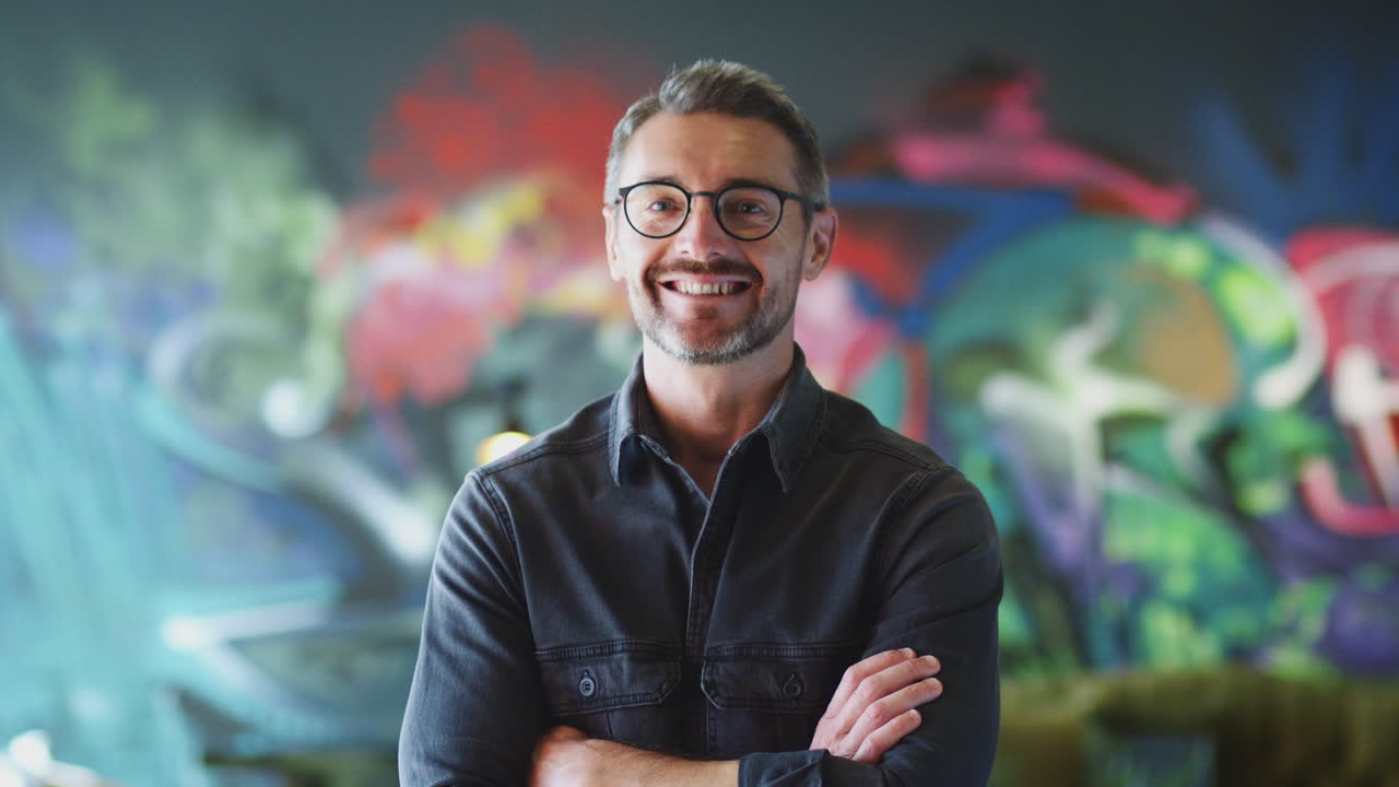 hombre blanco de mediana edad creativo frente al mural sonríe a la cámara y cruza los brazos, la cintura hacia arriba