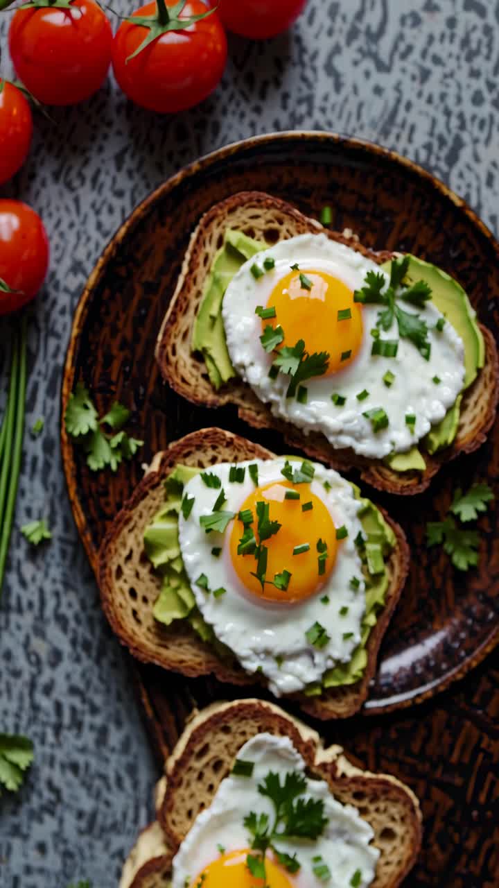 Top-down view of avocado toast with eggs, garnished with herbs on a dark plate
