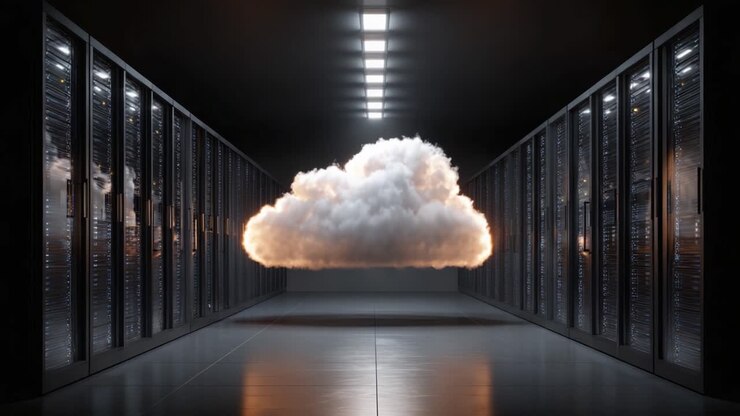 A Dynamic Cloud Symbolizing Data Storage Emerges Midway Within a High-Tech Data Center, Illustrating the Futuristic Integration of Physical and Cloud Computing Environments