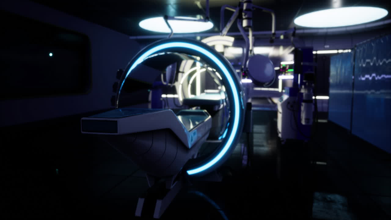 Advanced mri system inside a modern medical facility at night