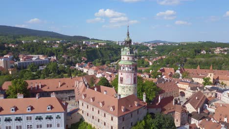 nice aerial top view flight krumlov castle tower cesky castle on the hill castlein in czech republic in europe, summer of 2023