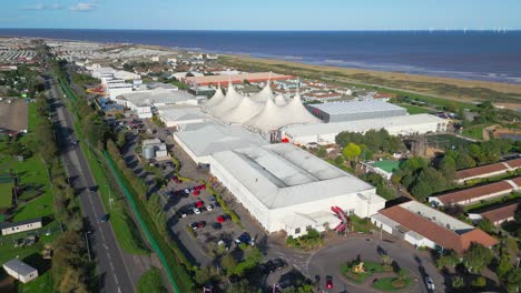 aerial drone footage of the famous butllins holiday camp based in the seaside town of skegness lancashire, uk