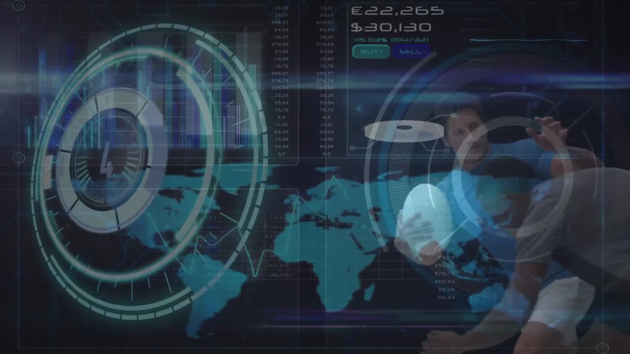animación del mapa del mundo y patrones circulares sobre jugadores multirraciales jugando rugby