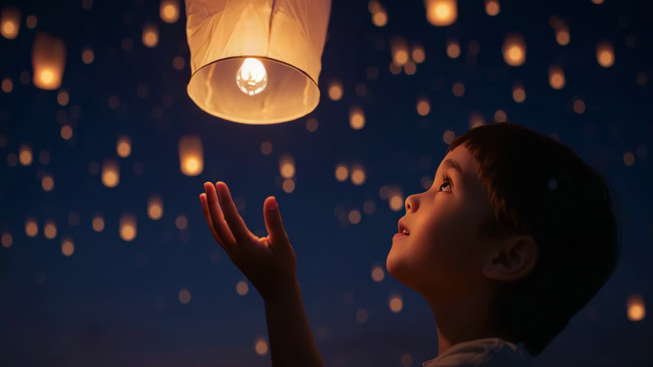 A child watching sky lanterns at night