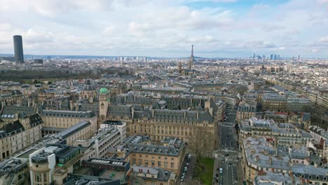 aerial view about the sorbonne and tour montparnasse towers with the eiffel tower in the background, paris, france