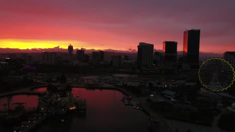 Beautiful-city-sunset-nightpark-in-mongolia.-Aerial-drone-shot-side-view