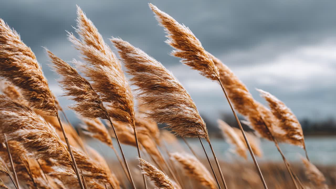 Golden Reed Grasses Swaying Gently Under a Dramatic Sky, Capturing the Essence of Nature's Beauty in a Serene Landscape