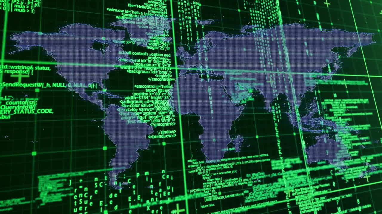 Animation of digital world map with green coding and data processing overlay