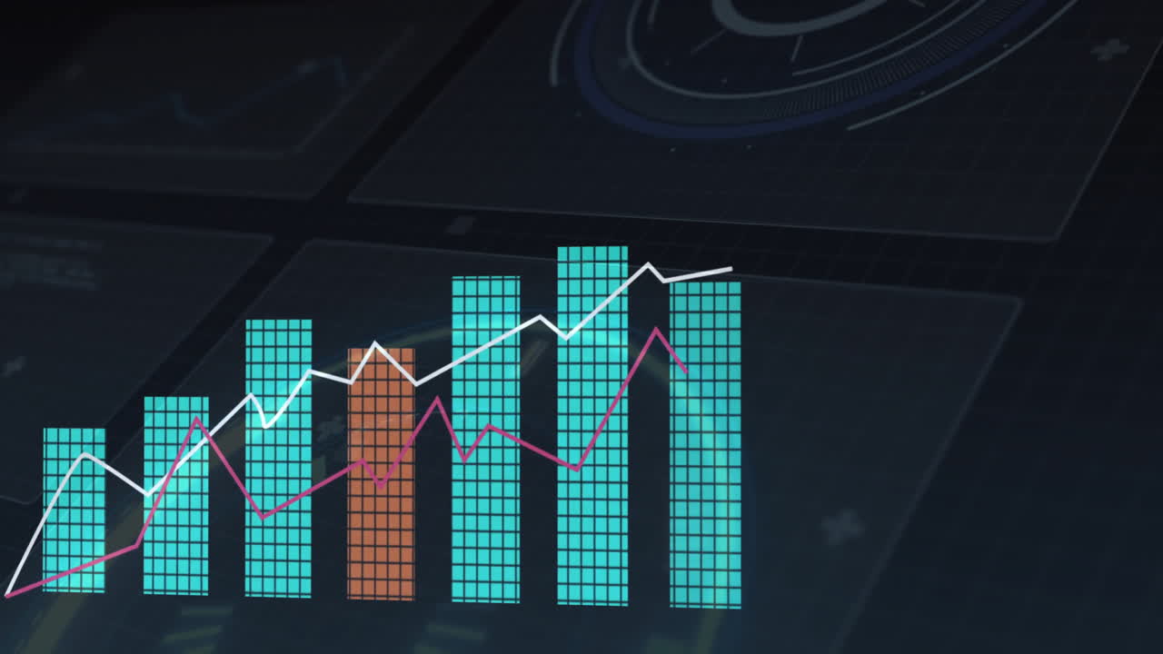 Digital bar chart showing pixelated bars with white and magenta lines tracing data on HUD grid