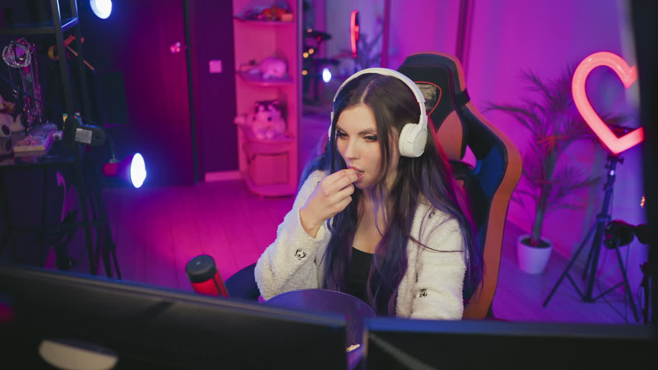 Young woman wearing headphones sits focused in colorful studio setup, pauses from her computer task to eat popcorn, then resumes working with concentration surrounded by ambient lighting
